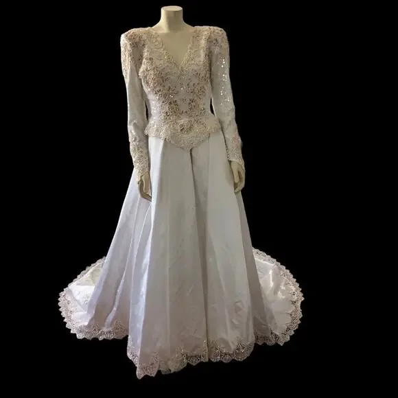 Vintage wedding sequenced dress with detachable skirt & train Ivory gold medium - Picture 14 of 17